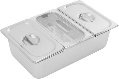 3/4/6 Compartment Stainless Steel Fruit Serving Set with Removable Acrylic Lids, Drainage Mats - Commercial Food Storage Containers for Buffet, Restaurant (3-Pan)