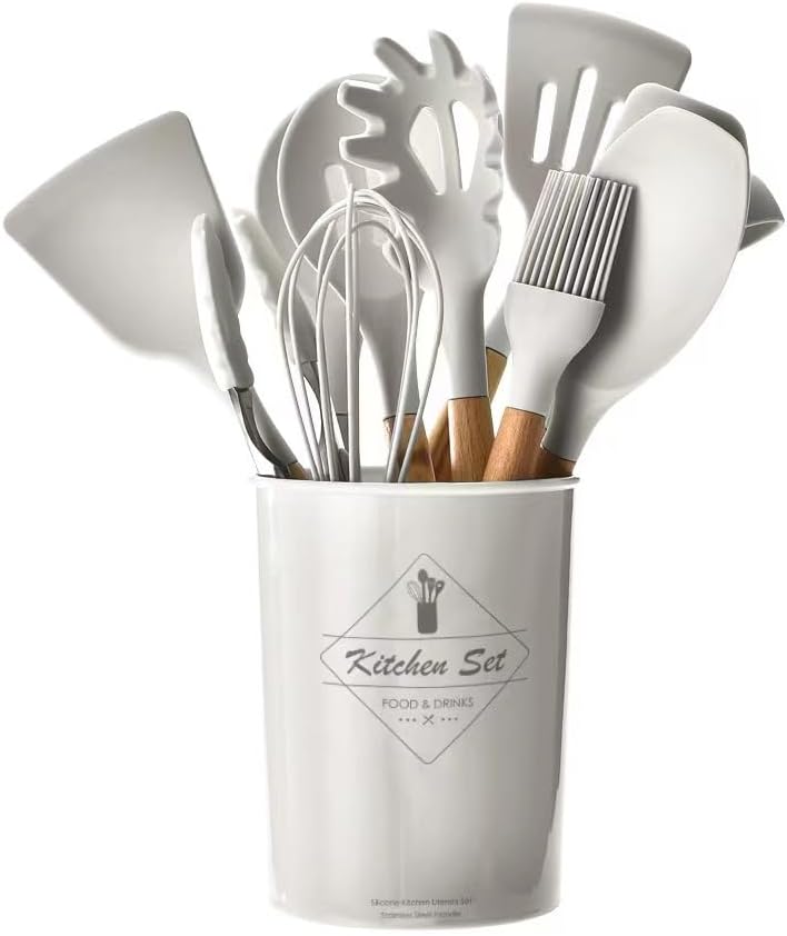 33-Piece Silicone Kitchen Utensil Set with Holder – Heat Resistant up to 446°F, Non-Stick Cooking Tools with Wooden Handles, Measuring Cups, Spatulas, Tongs, Whisk & More