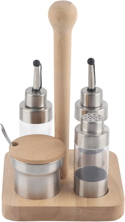 Cruet Set, Wood Condiment Spice Pepper Jar Box 5PCS Stainless Steel Plastic Oil Vinegar Salt Pepper Condiment Dispensers Set with Spoon (square wooden frame)