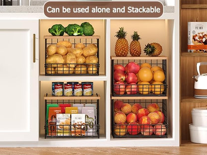3 Pack Extra Large Fruit Basket for Kitchen with Wood Lid Nameplate - Counter&Wall Mounted Onion and Potato Storage Bin, Stackable Metal Hanging Wire Baskets,15.74 * 8.66 * 10.63 inch