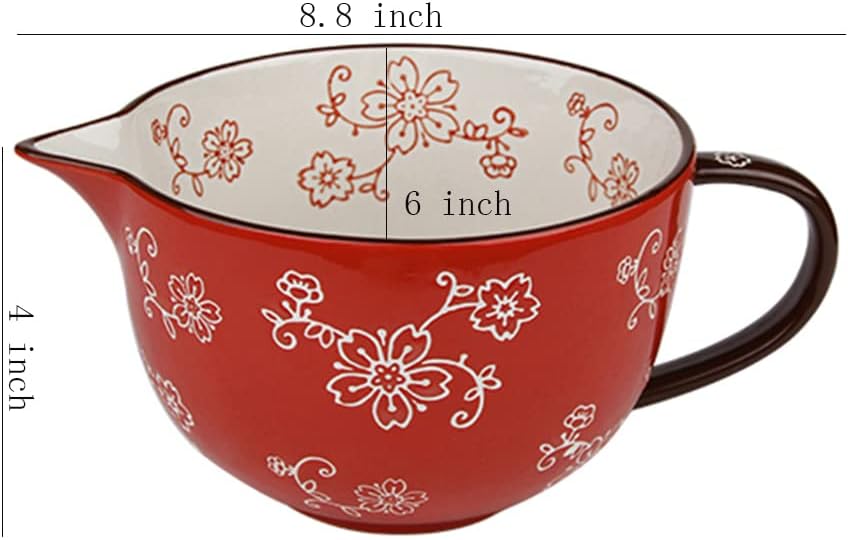 Gaolinci Cherry Blossom Pattern Kitchen Ceramic Mixing Bowl, 1 Quart Large Bowl, with Pouring Spout and Handle