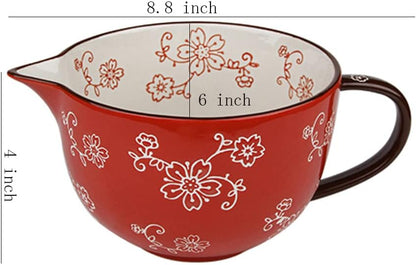 Gaolinci Cherry Blossom Pattern Kitchen Ceramic Mixing Bowl, 1 Quart Large Bowl, with Pouring Spout and Handle