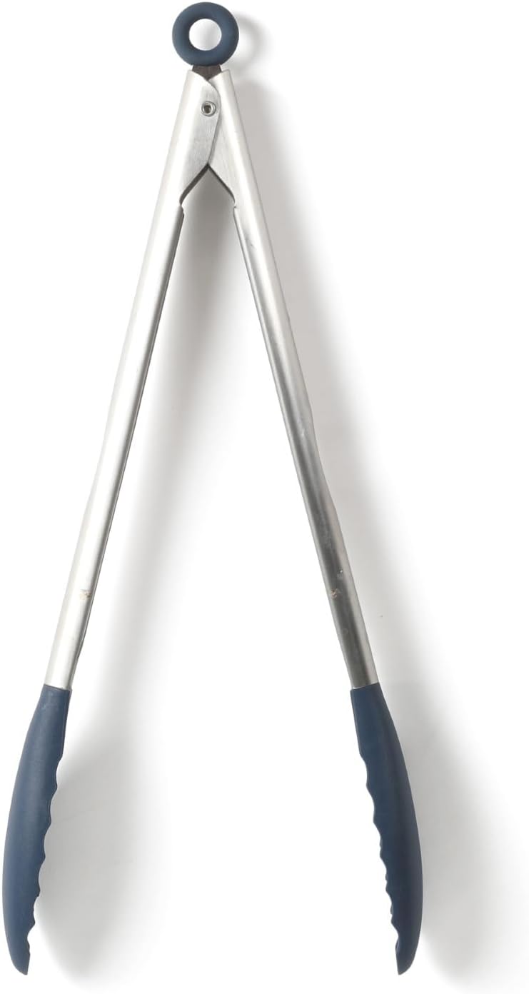 Calphalon Edge Tongs Set, 2-Piece Stainless Steel Kitchen Tongs Set with Silicone Heads, Includes 9-Inch & 12-Inch Heat-Resistant Locking Tongs for Cooking, Grilling & Serving, Taupe