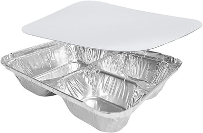 PACTOGO Aluminum Foil 3-Compartment TV Dinner Trays with Board Lid - 8x6 Disposable Tin Foil Pans for Baking, Meal Prep and Freezer, Takeout, Leftovers (Pack of 10 Sets)