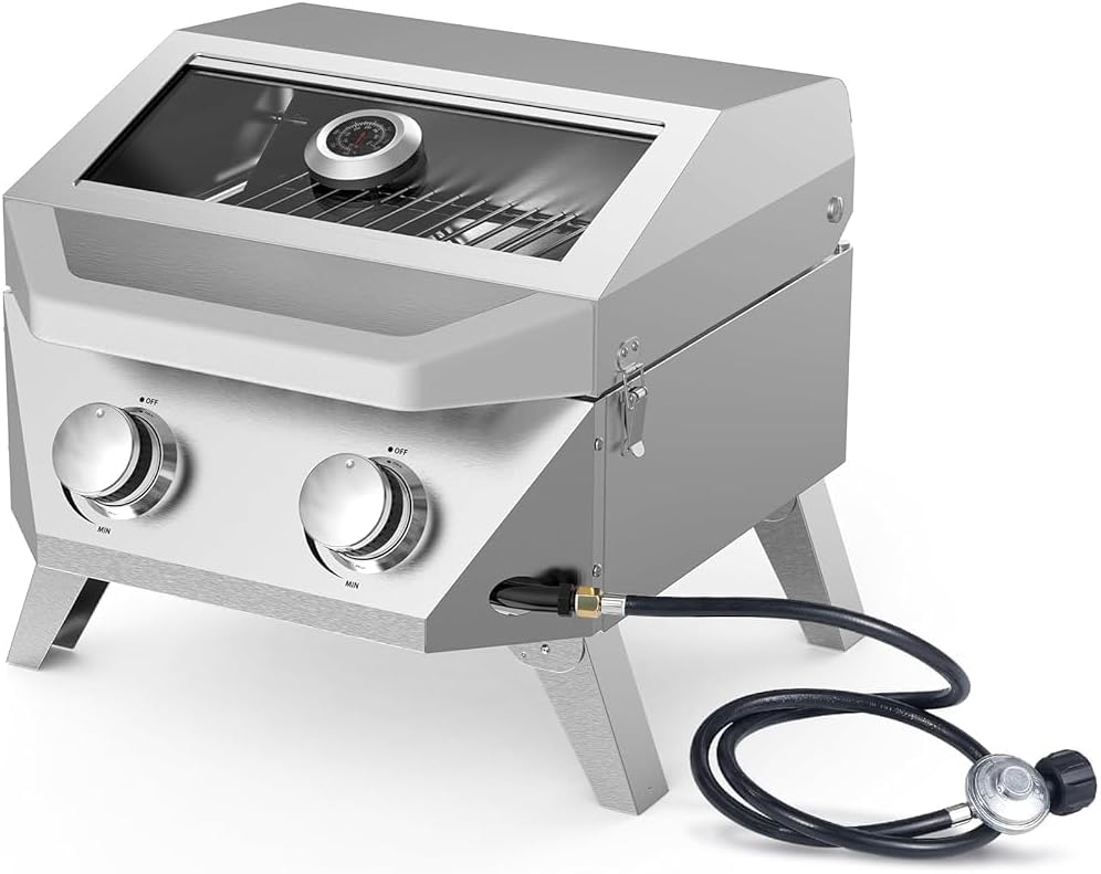 BESTFIRE 2-Burner Tabletop Propane Grill with Foldable Grill Cart, Portable Gas BBQ Station with Wheels & Prep Table, Dual-Fuel Setup for 1lb & 20lb Tanks, Stainless Steel Outdoor Kitchen for Camping