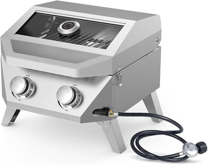 BESTFIRE 2-Burner Tabletop Propane Grill with Foldable Grill Cart, Portable Gas BBQ Station with Wheels & Prep Table, Dual-Fuel Setup for 1lb & 20lb Tanks, Stainless Steel Outdoor Kitchen for Camping