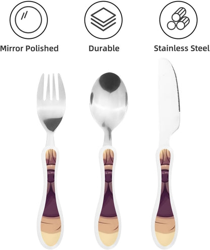 3-Piece Kids Silverware Set With Storage Case, Stainless Steel Reusable Children Safe Knife Spoon Fork Set Blue Active Girl Running Sunset Children Flatware Set For Kids Lunch Box - Colors B