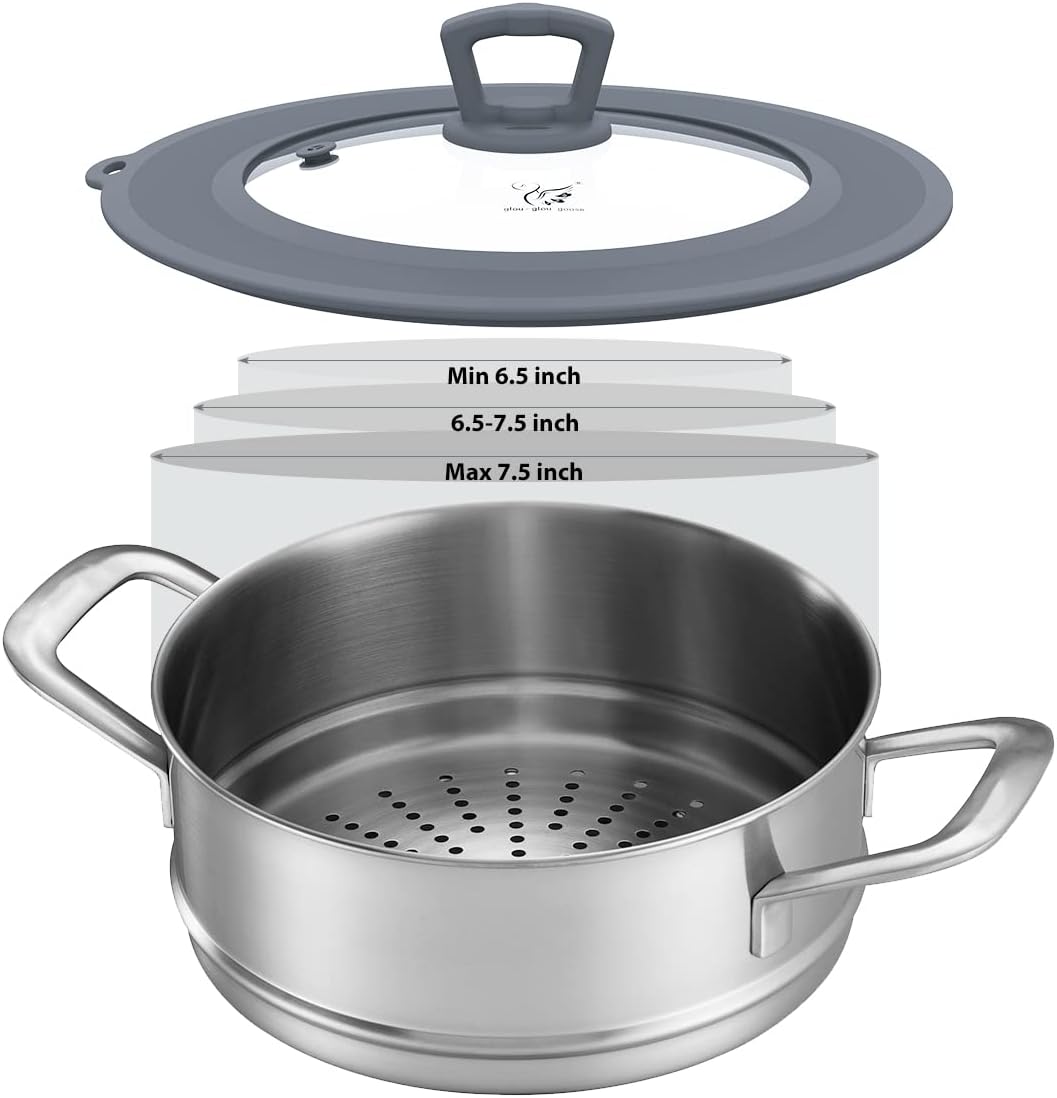 Vented Tempered Glass Universal Lid for Pot Pan Skillet with Heat Resistant Silicone Rim Microwave Splatter Lid Cover Microwave Safe Fit 11.5" 12" 12.5" Cookware, Dishwasher Safe Grey