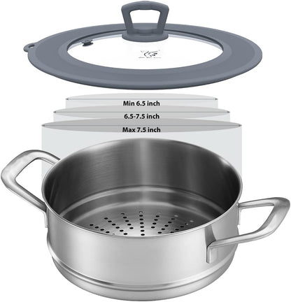 Vented Tempered Glass Universal Lid for Pot Pan Skillet with Heat Resistant Silicone Rim Microwave Splatter Lid Cover Microwave Safe Fit 11.5" 12" 12.5" Cookware, Dishwasher Safe Grey