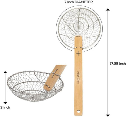 Helen's Asian Kitchen Deep Spider Strainer, 6-Inch Stainless Steel Mesh Basket With Bamboo Handle, For Noodles, Dumplings, Wontons, Deep Frying, And Draining Tasks