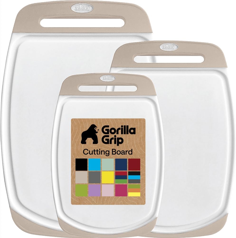 GORILLA GRIP BPA-Free Reversible Kitchen Cutting Board Set of 3, US Designed, Nonporous, Juice Grooves Catch Liquid, Slip Resistant Border, Dishwasher Safe, Durable Large Food Chopping Boards, Black