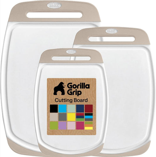 GORILLA GRIP BPA-Free Reversible Kitchen Cutting Board Set of 3, US Designed, Nonporous, Juice Grooves Catch Liquid, Slip Resistant Border, Dishwasher Safe, Durable Large Food Chopping Boards, Black