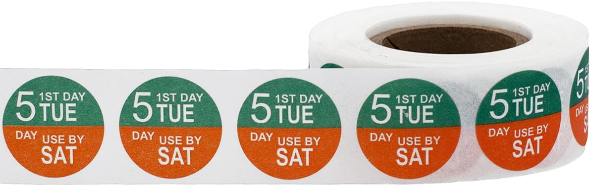 Dissolvable Tuesday Through Saturday 5 Day Food Rotation Labels, 3/4 Inch Use by Stickers, 500 Total Adhesive Labels on a Roll for Restaurant and Kitchen Prep – Made in The USA