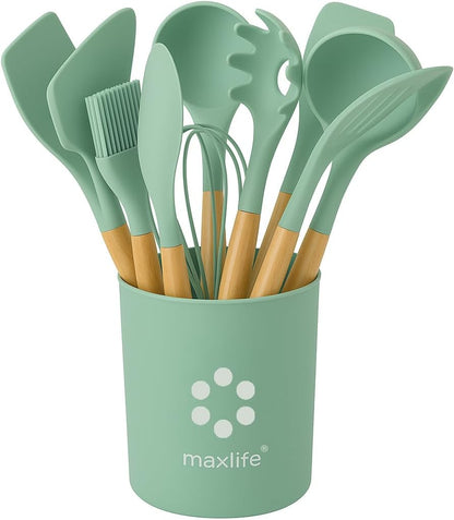 MaxLife Silicone Cooking Utensil Set with Holder, 12-Piece – Sage Green, Wooden Handles – Heat Resistant, Nonstick Safe Spatulas, Spoons, Turner, Tongs & Whisk – Premium Kitchen Tool Set