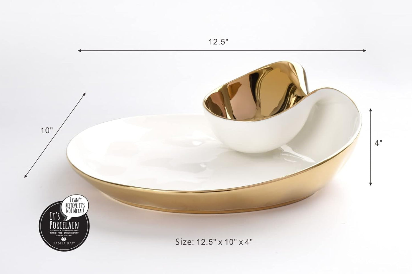 Pampa Bay Titanium-Plated Porcelain Chip and Dip, 12 x 10 Inch, Gold/White Tone, Oven, Freezer, Dishwasher Safe