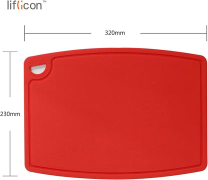 Liflicon Thick Cutting Boards for Kitchen Silicone Chopping Board Set of 2 Mid 12.6'' x 9.1”,Mini 9.1”x7.1” Non-slip Deep Drip Juice Groove Easy Grip Handle,Dishwasher Safe-Red