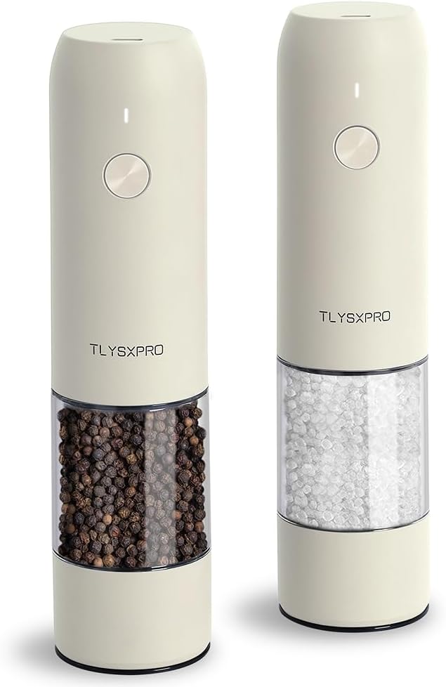Electric Salt and Pepper Grinder Set, USB Rechargeable, Automatic Salt and Pepper Mill Grinder with Adjustable Coarseness, Electric Salt Shakers, LED Light, Refillable (2 Packs, Greige)