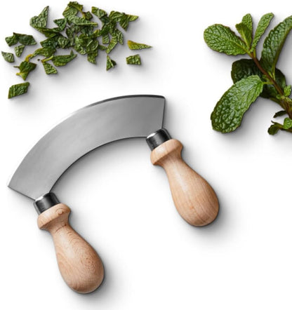 5.6” Stainless Steel Mezzaluna Knife - Salad Chopper, Pizza Cutter Rocker Blade, or Slicer Vegetable Cutter - Curved Mincing and Chopping Knife with Double Handles by Classic Cuisine