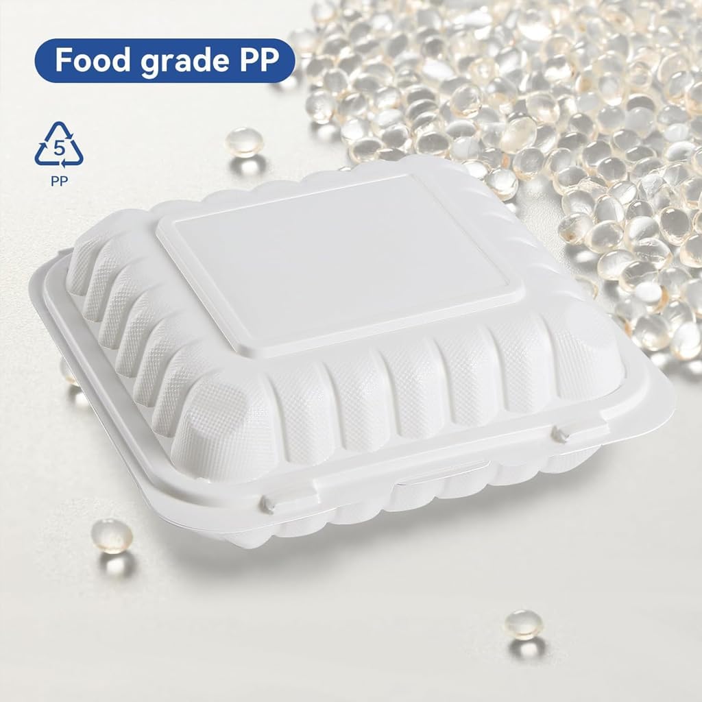 3-Compartment Clamshell Food Containers, Heavy Duty Plastic To Go Boxes with Hinged Lid, Microwave, Freezer & Dishwasher Safe, BPA-Free Takeout Trays for Meal Prep (White) (30, WHITE, 9 * 9inch)