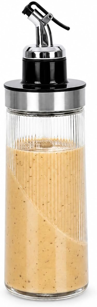 Salad Dressing Shaker Bottle, Ribbed Glass Dressing Bottle for Kitchen Table, Glass Oil Dispenser, Syrup Dispenser, Soy Sauce Dispenser and Condiment Bottle for Meal Prep, Dining and Coffee Bar