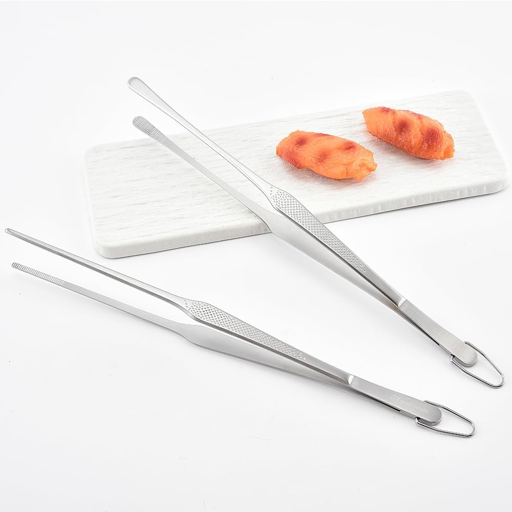 Stainless Steel Cooking Tweezers, 12-Inch Precision Kitchen Tweezers with Star Dot Texture, Wider Grip & Elevated Tips | Galaxy Grip Series, 2 Pcs (Black)