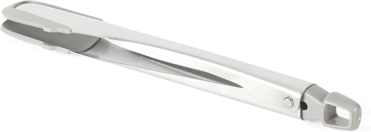 Calphalon Edge Tongs Set, 2-Piece Stainless Steel Kitchen Tongs Set with Silicone Heads, Includes 9-Inch & 12-Inch Heat-Resistant Locking Tongs for Cooking, Grilling & Serving, Taupe