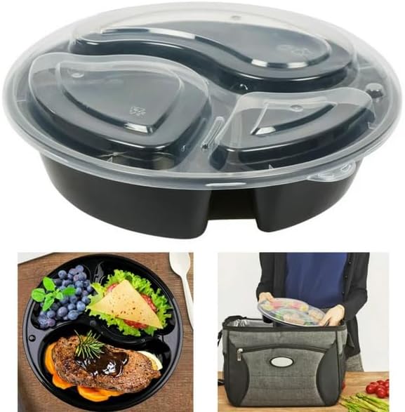 48oz - 3 Compartment - Disposable Black Meal Prep/Bento Box with Clear Dome Lids - Round Plastic Meal Containers - Reusable Box : Perfect For Salad, Meal Prep and Fruits : Set of 10
