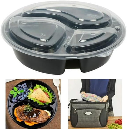 48oz - 3 Compartment - Disposable Black Meal Prep/Bento Box with Clear Dome Lids - Round Plastic Meal Containers - Reusable Box : Perfect For Salad, Meal Prep and Fruits : Set of 10