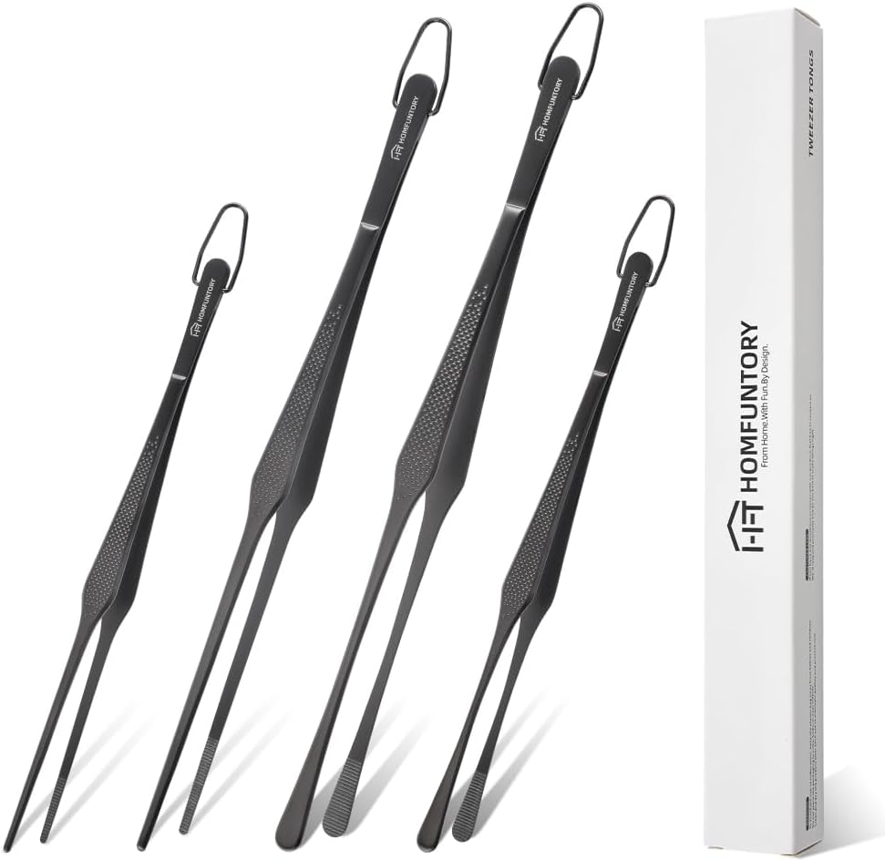 Stainless Steel Cooking Tweezers Set, 10 & 12 Inch Precision Kitchen Tweezers with Star Dot Texture & Elevated Tips | Galaxy Grip Series, 4-Piece (Silver)