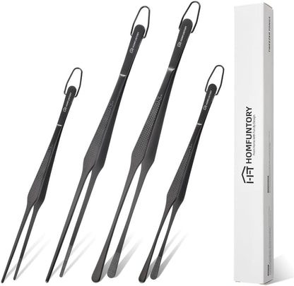 Stainless Steel Cooking Tweezers Set, 10 & 12 Inch Precision Kitchen Tweezers with Star Dot Texture & Elevated Tips | Galaxy Grip Series, 4-Piece (Silver)