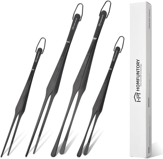 Stainless Steel Cooking Tweezers Set, 10 & 12 Inch Precision Kitchen Tweezers with Star Dot Texture & Elevated Tips | Galaxy Grip Series, 4-Piece (Silver)