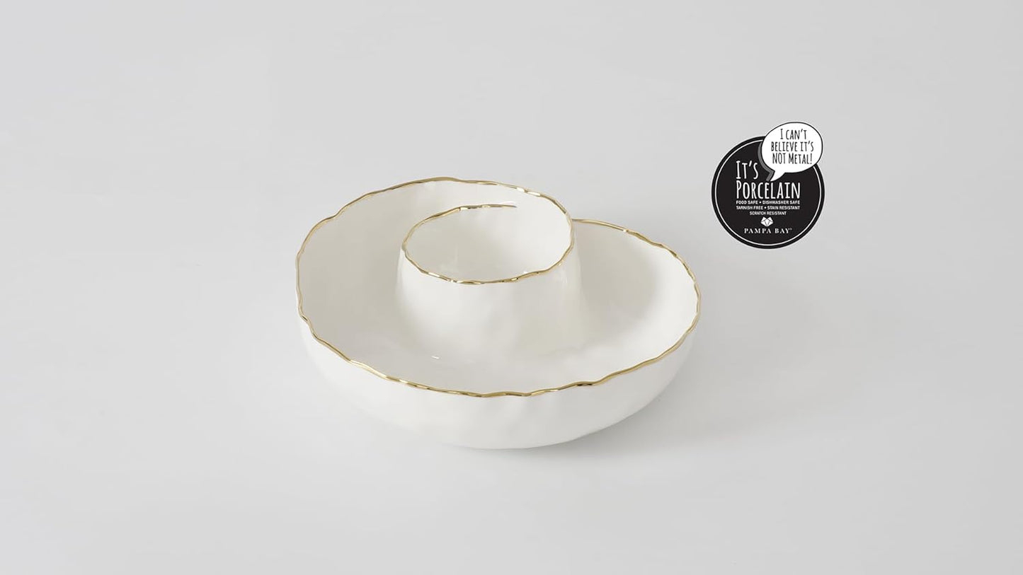 Pampa Bay Portofino Plata, Round Chip & Dip, 9.5” D x 2.75" (White and Gold)