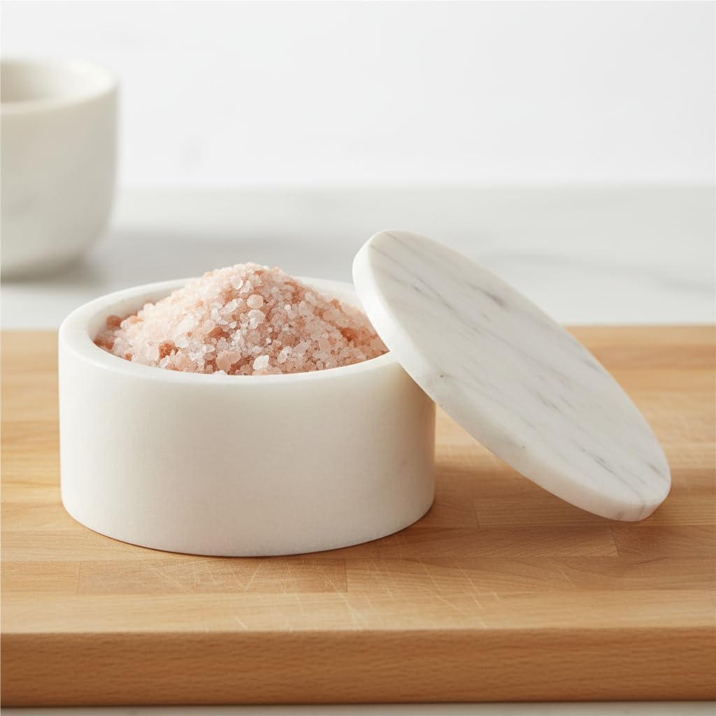 Queenza White Marble Salt Cellar with Lid – Handmade Salt Box & Salt Container for Kitchen Countertop