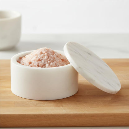 Queenza White Marble Salt Cellar with Lid – Handmade Salt Box & Salt Container for Kitchen Countertop