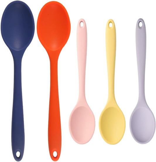 Silicone Spoons Set of 5,Mixing Spoons for cooking,Heat Resistant Spoons, Mixing Spoons for Kitchen Cooking Baking Stirring Mixing Tools (2pcs Large & 3pcs small)