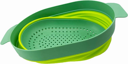 SAMMART 3L (0.8 Gallon) Over The Sink Oval Colander - Foldable Colander - Collapsible Kitchen Colander - Space Saving (Dark Green/Fluorescent Green (Set of 2))