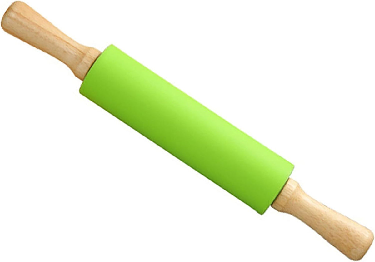 Silicone Rolling Pin, Green 9 Inch Pin with Wooden Rotatable Handle for Dough of Baking Bread, Cookie, Pizza (green, 9 inch)