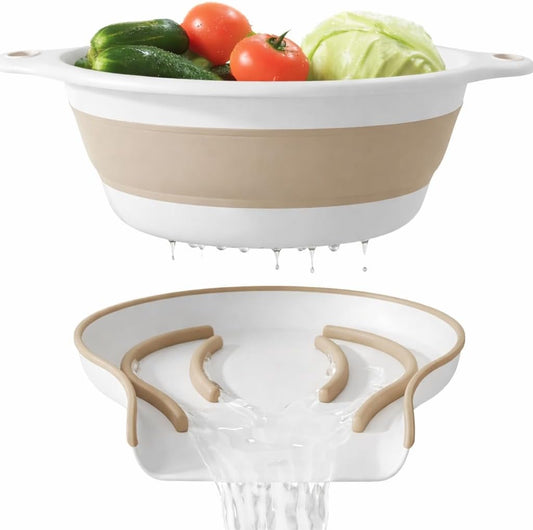 Gevoli Strainer with Self-Draining Base (5QT) Over-Sink Collapsible Kitchen Colander Set with Side-drain Base for Pasta Vegetables and Fruit, XL Large Capacity, Dishwasher Safe (5-Quart) Red/Gray