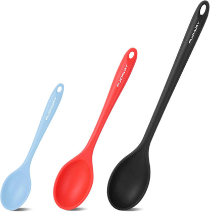 3 Pcs Silicone Spoons Set of 7.9 10.6 14.2 inch for Cooking, Heat Resistant Kitchen Spoons for Mixing, Stirring, and Serving, Small to Large Non Stick (Green)