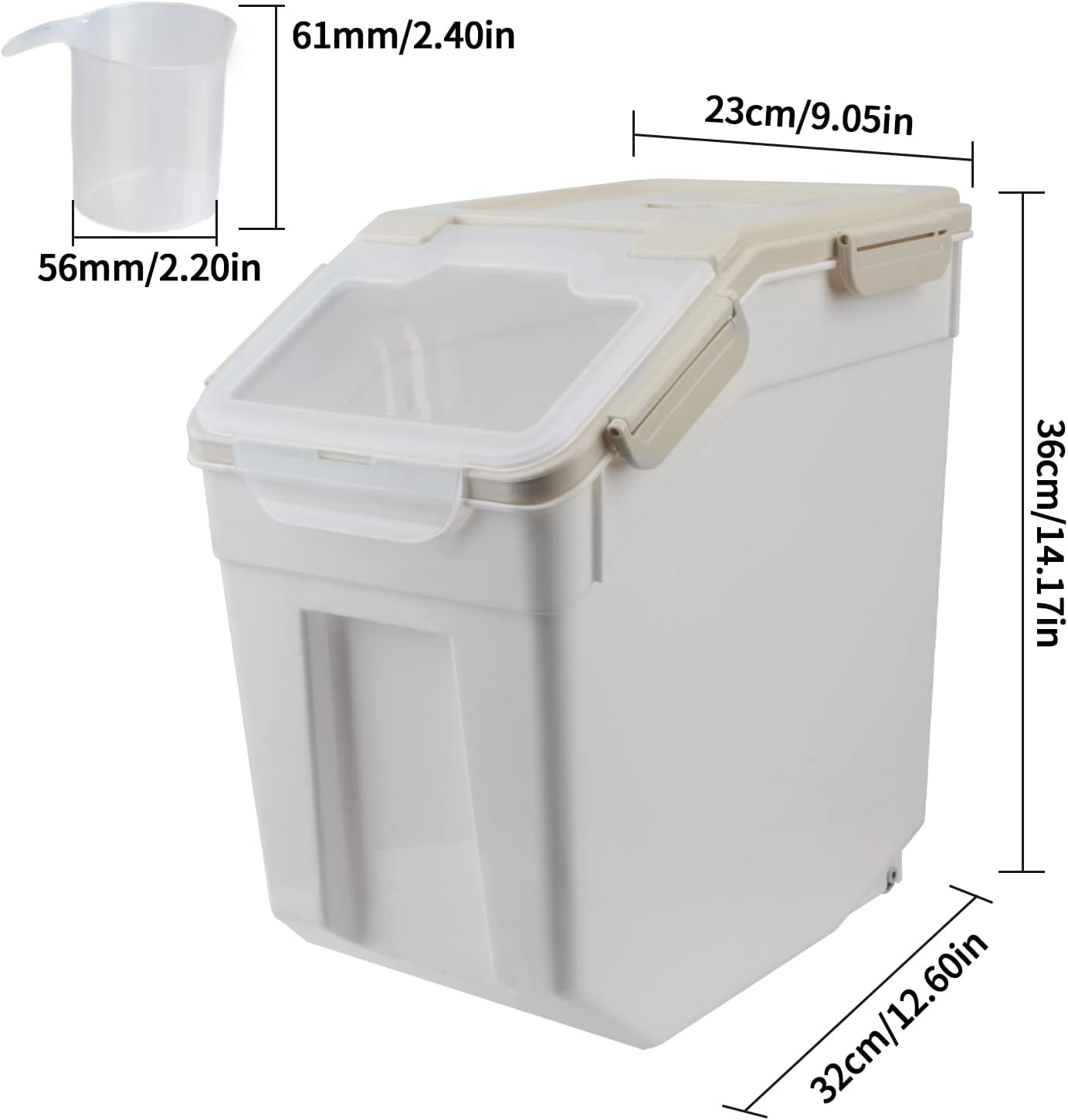 AnRui Airtight Flour Storage Container 25lb, Plastic Grain Storage Bucket, Rice Cereal Dispenser Organizer Box with Lid, Cat Dog Food Storage Bin with Measuring Cup, Scoop, Wheels, 2Pcs Green
