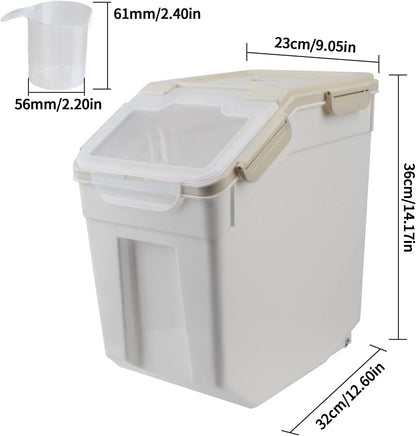 AnRui Airtight Flour Storage Container 25lb, Plastic Grain Storage Bucket, Rice Cereal Dispenser Organizer Box with Lid, Cat Dog Food Storage Bin with Measuring Cup, Scoop, Wheels, 2Pcs Green