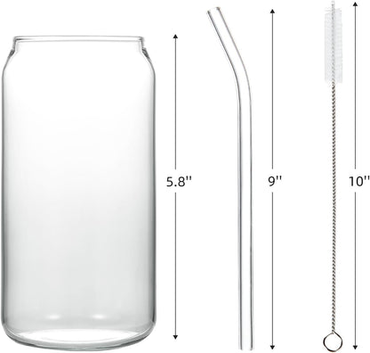 4pcs Set - 20oz Glass Tumblers with Bamboo Lid and Glass Straw, Drinking Glasses, Iced Beer Glasses, Classical and Thermal Safe Glasses with Cleaning Brushes