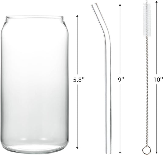 4pcs Set - 20oz Glass Tumblers with Bamboo Lid and Glass Straw, Drinking Glasses, Iced Beer Glasses, Classical and Thermal Safe Glasses with Cleaning Brushes