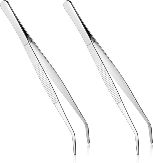 2 PCS 8 Inch Stainless Steel Tweezers with Curved Serrated Tip Kitchen Long Tweezers Set Heavy Duty Sewing Machine Tweezer Long Aquarium Tweezer Reptile Feeding Tongs for Cooking Crafting Repairing
