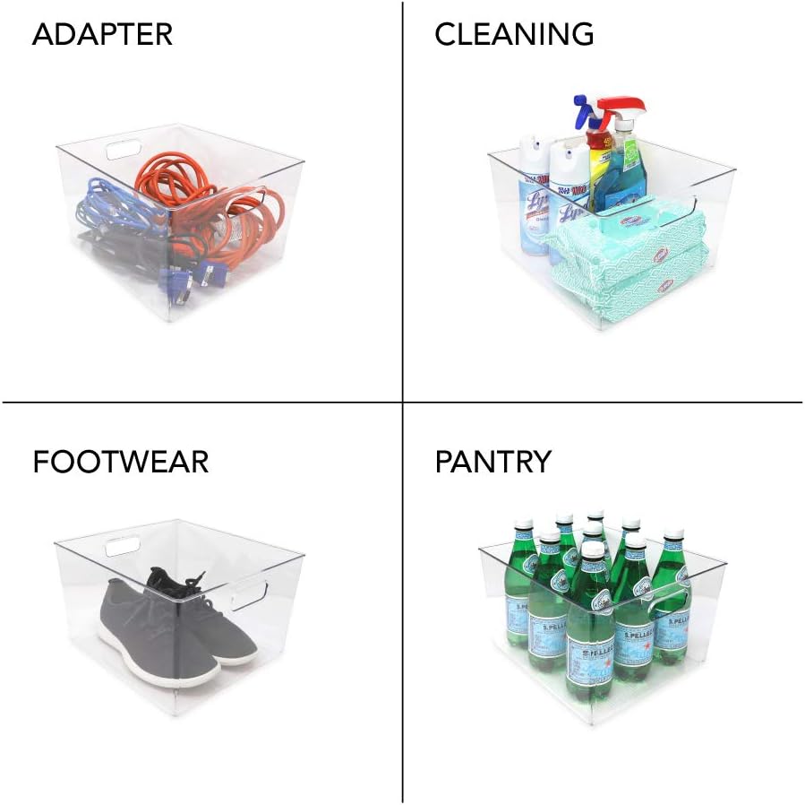 Isaac Jacobs 3-Pack Medium Clear Storage Bins with Handles, Plastic Organizer for Home or Fridge/Freezer, Pantry and Kitchen Non-Slip Container Set, BPA Free, Food Safe (3-Pack, Medium)