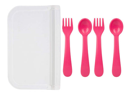 Lollaland 5 Piece Plastic Toddler Silverware Spoon and Fork Utensil Set - Reusable Toddler Cutlery With Hygienic Travel Pouch (Pink)