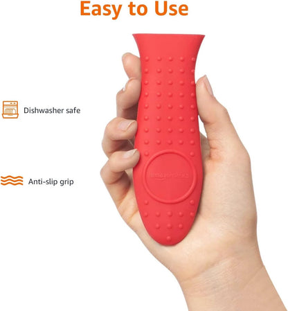 Amazon Basics Heat Resistant Non-Slip Silicone Hot Handle Holder, Rectangular Pot Handle Cover for Kitchen, Insulating Protection, Red, 5.6"L x 1.9"W