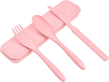 Lnrkai Travel Utensils Set with Case, 4 Sets Wheat Straw Reusable Spoon Knife Forks Tableware, Portable Cutlery Set for Lunch Box Accessories for Adults Travel Picnic Camping or Daily Use