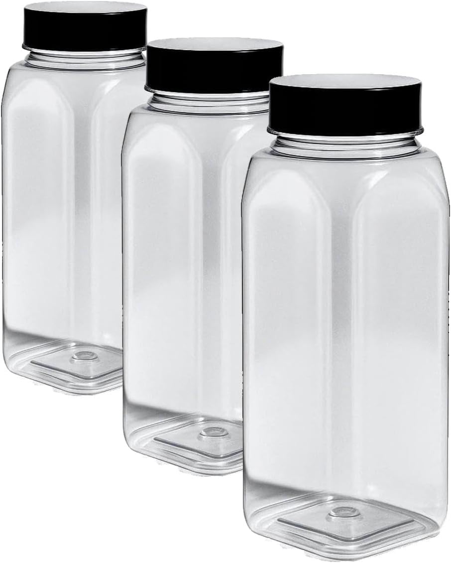 Pride Of India 32 Fl Oz Clear Spice Jar with Dual Opening Lid | Food Grade PET Plastic Oblong Jar | Reusable Organizer for Spices, Herbs, Coffee, Nuts, Snacks & Pet Treats | | 3-4 Cup Capacity