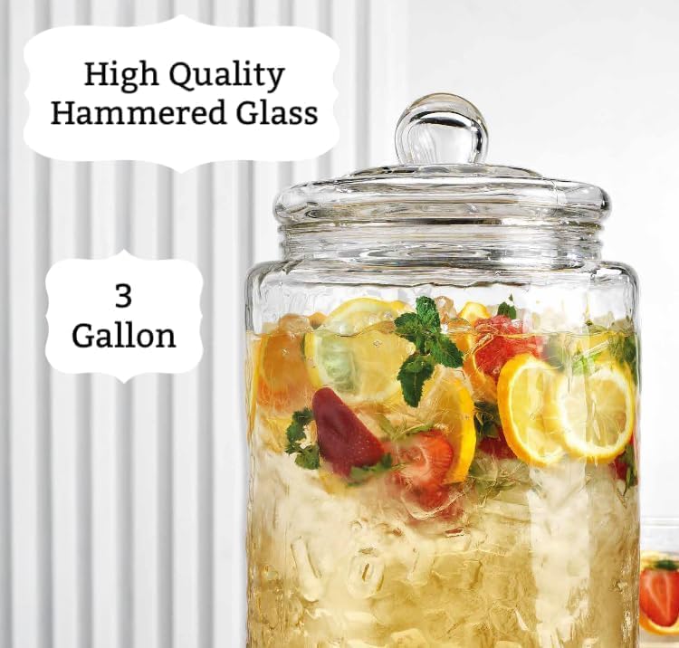 3 Gallon Glass Drink Dispenser with Metal Stand & Lid – Hammered Beverage Dispenser with Leakproof Spigot, Wide Mouth for Easy Fill – Ideal for Parties, Lemonade, Iced Tea, Sangria & More